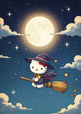 Hello Kitty Witch Flying on Broom