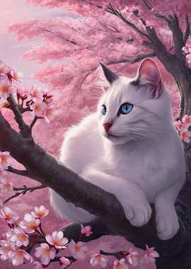 White Cat in Cherry Blossom Tree