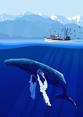 Whale and Fishing Boat Illustration