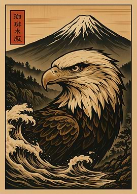 Eagle, Mountain, and Waves Japanese Art