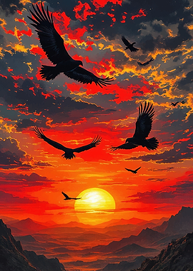 Eagles flying over sunset landscape