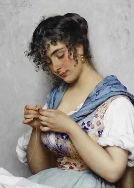 Young Woman Sewing, Oil Painting