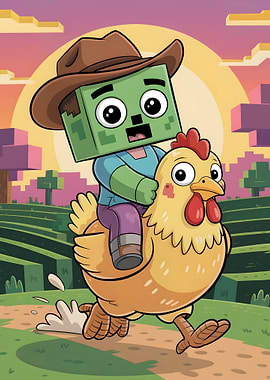 Minecraft Zombie Riding a Chicken Cartoon