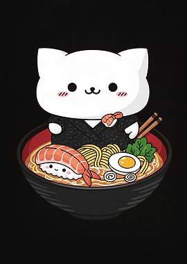 Cute Cat in Ramen Bowl Illustration