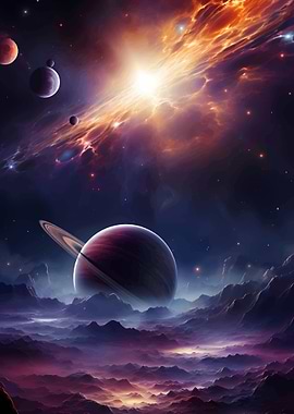 Cosmic Landscape with Planets and Nebula