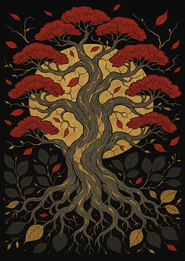 Stylized Tree with Red Leaves