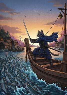 Samurai Cat on Boat with Sword