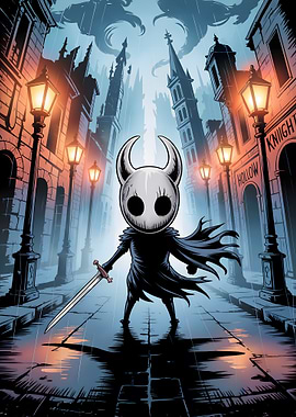 Hollow Knight in Rainy Cityscape