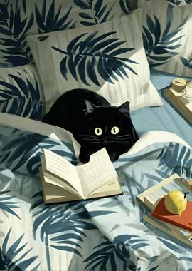 Black Cat Reading in Bed