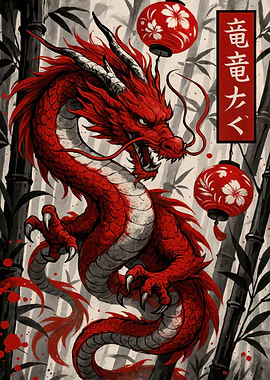 Red Dragon with Lanterns and Bamboo