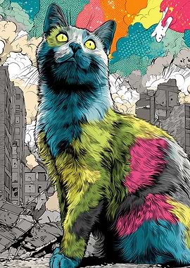 Giant Cat in Destroyed Cityscape