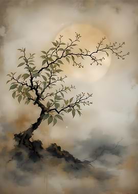 Serene Asian Ink Wash Painting Of A Tree