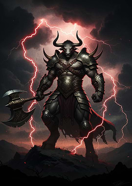 Armored Minotaur with Axe in Storm