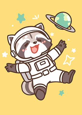 Astronaut Raccoon in Space Cartoon