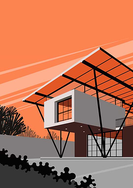 Modern House Illustration with Orange Sky