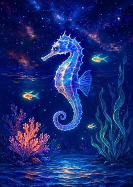 Glowing Seahorse in Starry Ocean Scene