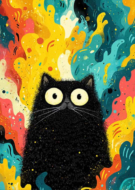Fluffy Black Cat with Colorful Background