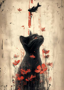 Black Cat Gazing at Fish Art