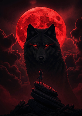 Red Moon Wolf and Woman