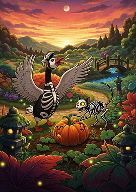 Halloween Goose and Cat with Pumpkin