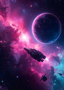 Spaceships in Nebula with Planet