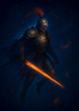 Knight with Fiery Sword in Space