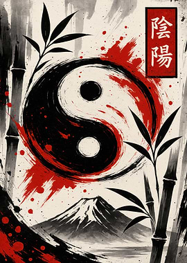 Yin Yang Symbol with Bamboo and Mountain