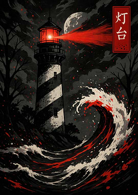 Lighthouse and Wave with Japanese Text