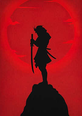 Samurai Silhouette with Red Moon