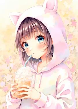 Anime Girl with Drink in Hoodie