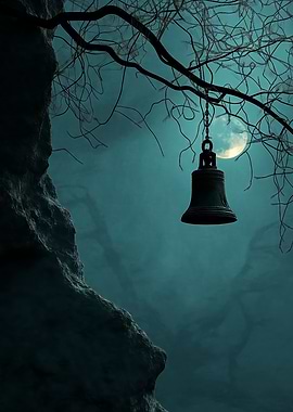 An ancient bell hanging from a tree branch at night