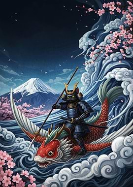 Samurai Cat Riding a Koi Fish