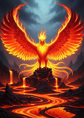 Fiery Phoenix Rising from Lava