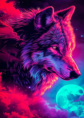 Neon Wolf and Moon Animal
