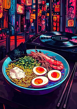 Ramen and Record Player in Cityscape