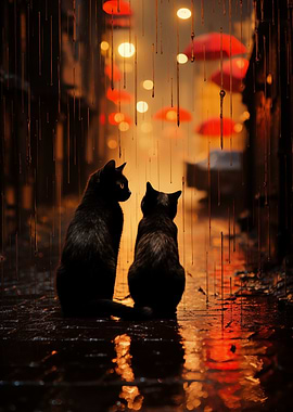 Two black cats in rainy city