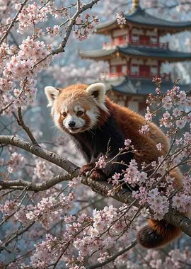 Red Panda in Cherry Blossom Tree