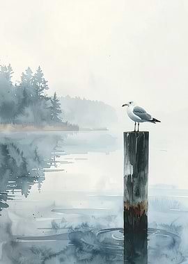Seagull on Post Watercolor Painting