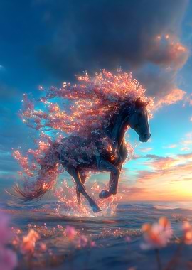 Floral Horse in Dreamy Landscape