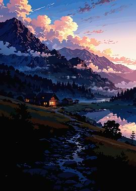 Mountain Cabin Landscape at Sunset