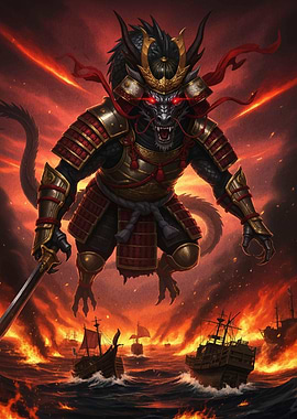 Dragon Samurai Over Burning Ships