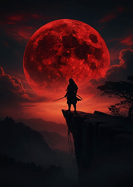 Samurai Silhouette Under Red Moon