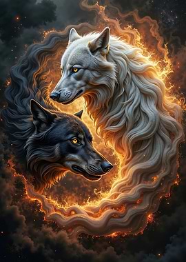 Yin Yang: Two Wolves in Fiery Circle