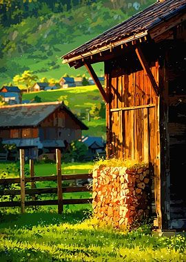 Rural Landscape with Wooden Barn and Firewood