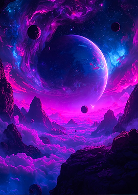 Cosmic Landscape with Planets and Nebula