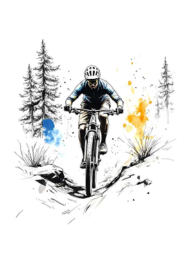 Mountain biker illustration with watercolor accents