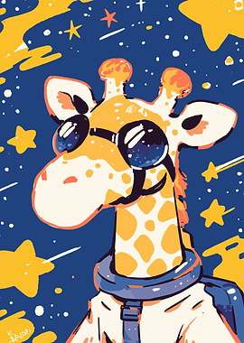 Astronaut Giraffe in Space Cartoon