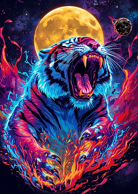 Roaring Tiger with Moon and Flames