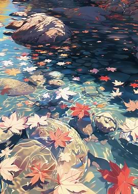 Autumn Leaves Floating on Water