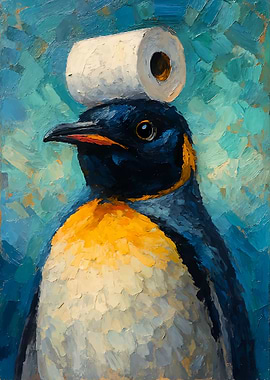 Penguin with Toilet Paper Hat Painting